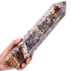 AMOYSTONE Large Blue Flower Agate Wand top detail shows energy focus for meditation and chakra work.