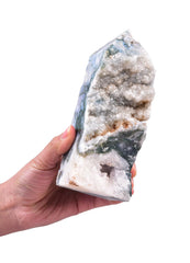 AMOYSTONE moss agate geode tower on a stable base for group ritual work