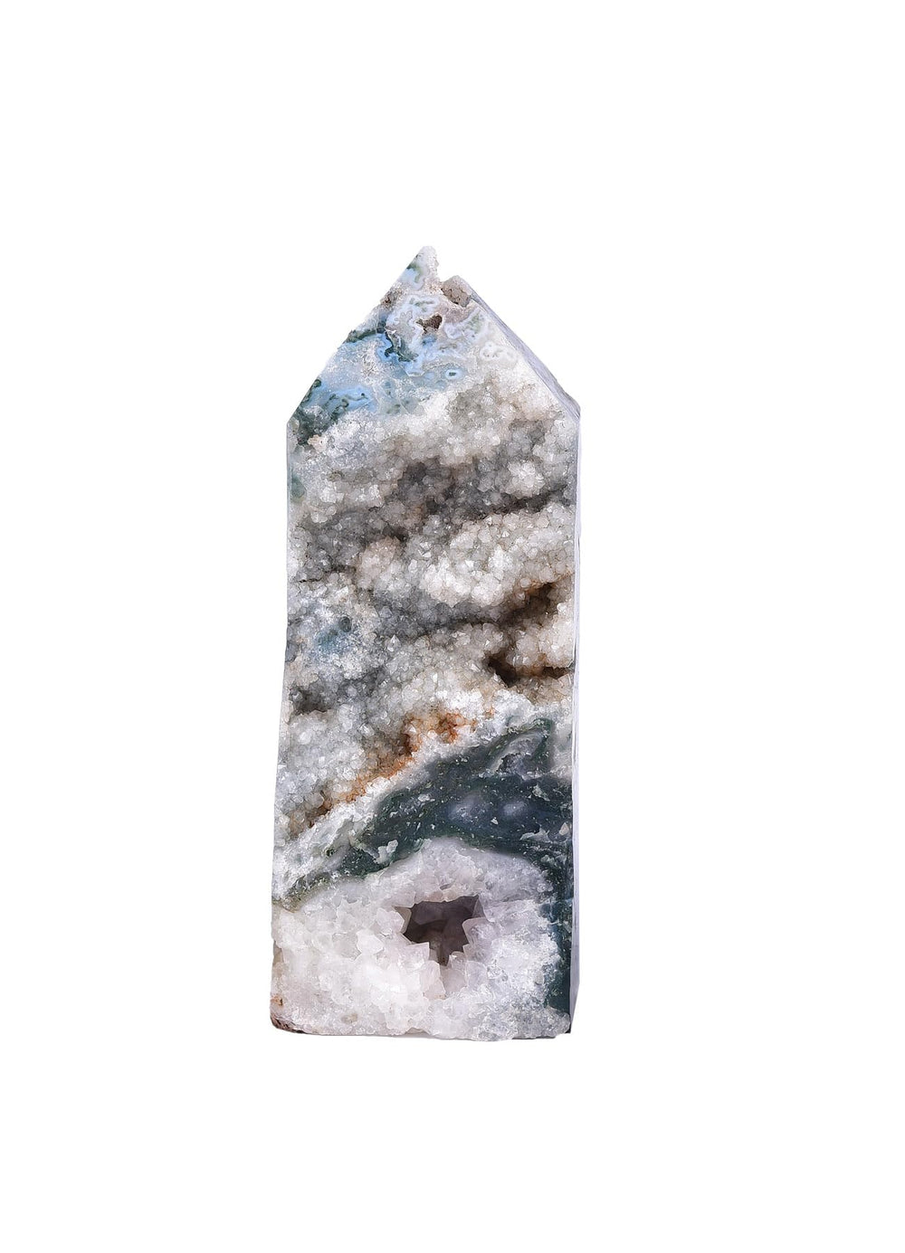 AMOYSTONE moss agate geode tower showcases dendritic patterns for focused meditation