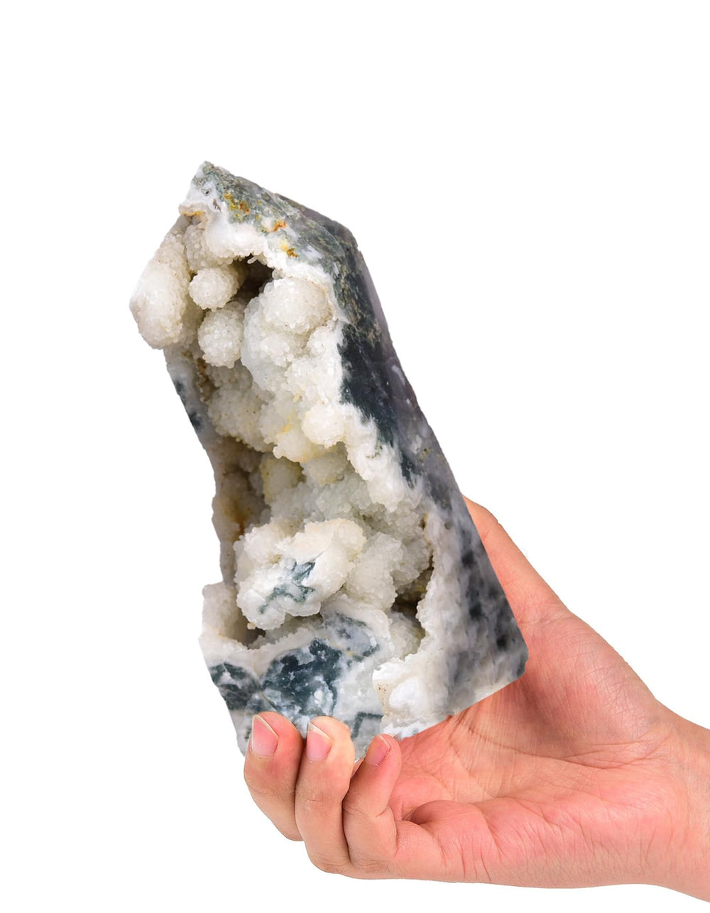 AMOYSTONE moss agate obelisk shown as a portable energy tool for travel sessions
