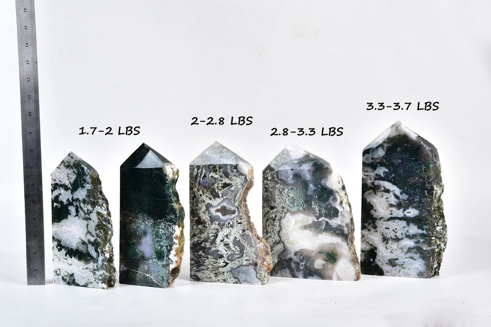 AMOYSTONE moss agate obelisk energy-grid setup for balanced ambience