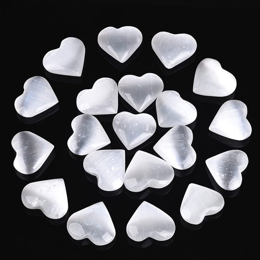 AMOYSTONE selenite heart worry stones collection for cleansing energy and calming vibes.