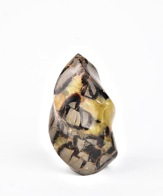 AMOYSTONE Septarian Flame Tower capstone shows warm crackled pattern for meditation focus