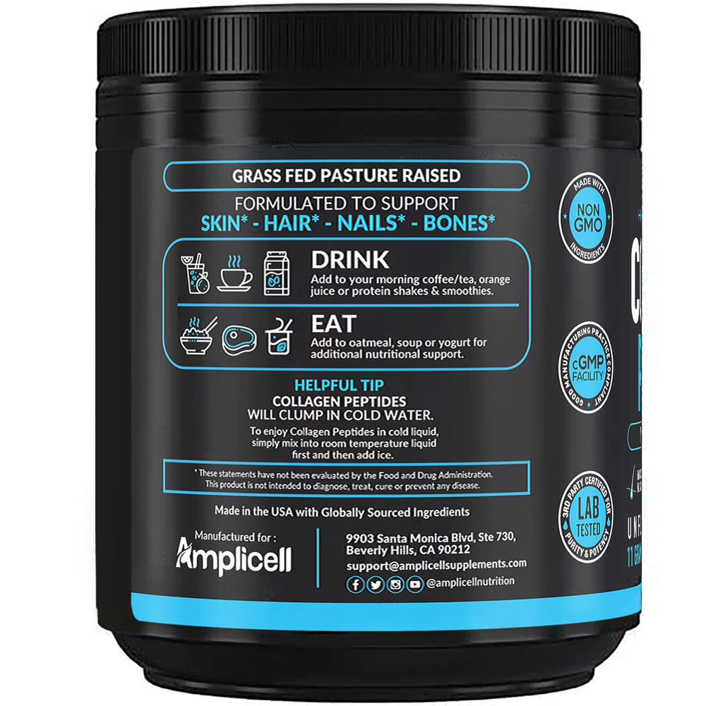 Amplicell powder nutrition panel emphasizes zero sugar and keto compatibility.
