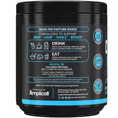 Amplicell powder nutrition panel emphasizes zero sugar and keto compatibility.