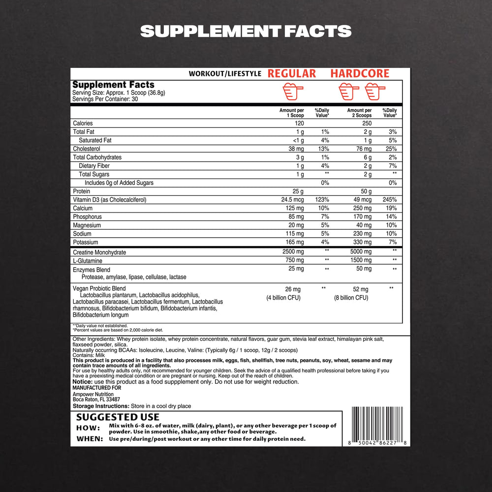 AMPOWER Vanilla Bean Whey glass with ice suggests refreshing post-workout sip