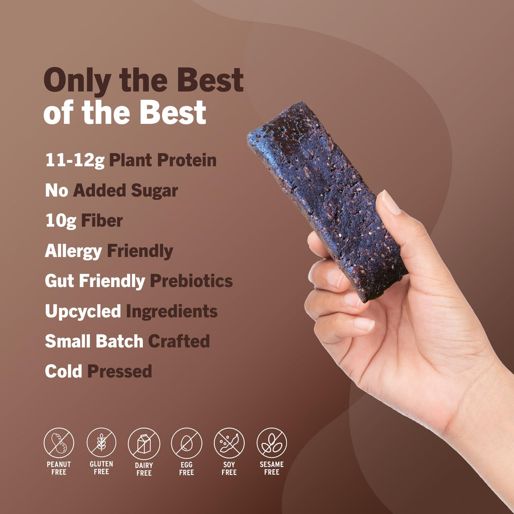 Amrita Chocolate Brownie bar closeup emphasizing indulgent flavor with plant-based ingredients.