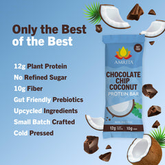Nutrition panel on Amrita Nut Free Chocolate Chip Coconut bar emphasizing protein and allergen-free profile
