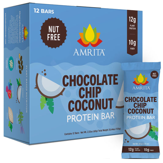 Amrita Nut Free Chocolate Chip Coconut bar packaging shows an allergen-friendly, convenient snack