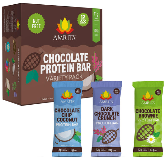 Amrita Nut Free Chocolate Variety Pack packaging shows 12 bars for convenient snacking.