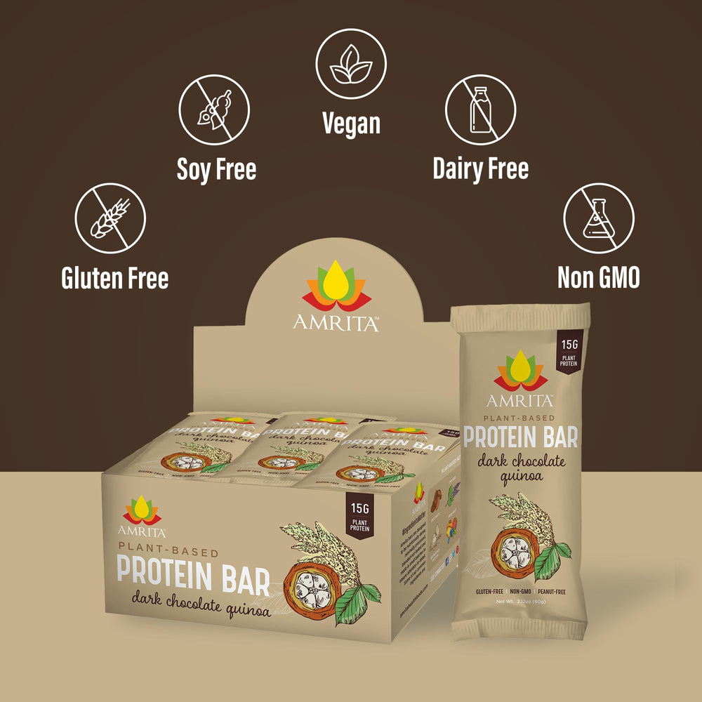 Amrita Nut Free Dark Chocolate Quinoa Bars pack shot, convenient 12-bar box for on-the-go