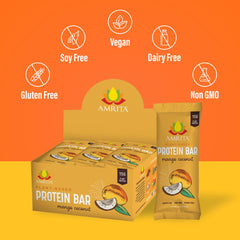Amrita Nut Free Mango Coconut vegan bar nutrition facts label, highlighting 11g protein per bar.