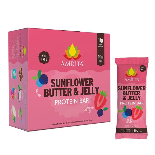 Amrita Nut Free Sunflower Bar packaging highlights allergen-free school snack.