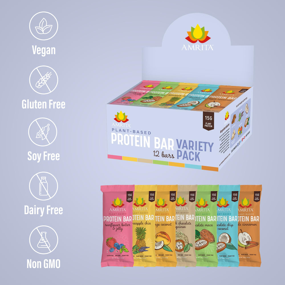 Amrita Nut Free Vegan Protein Bar – Mango Coconut, tropical flavor with fiber.