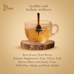 AMU NUTRITION Shilajit resin in jar shows organic purity and mineral richness.