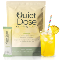 AMUA Quiet Dose Drink pineapple packaging—convenient 15-pack for daily calm.