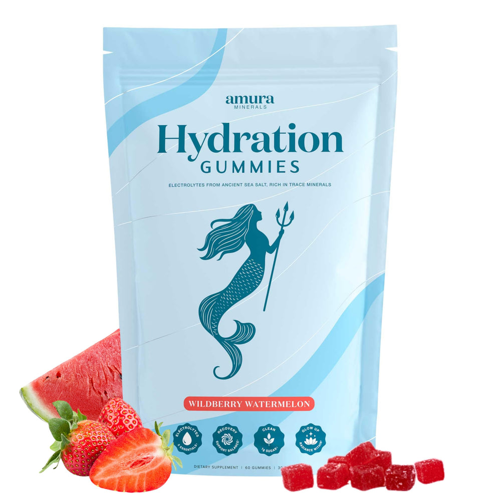 Amura Minerals electrolyte gummies bottle with wildberry watermelon flavor for on-the-go hydration.