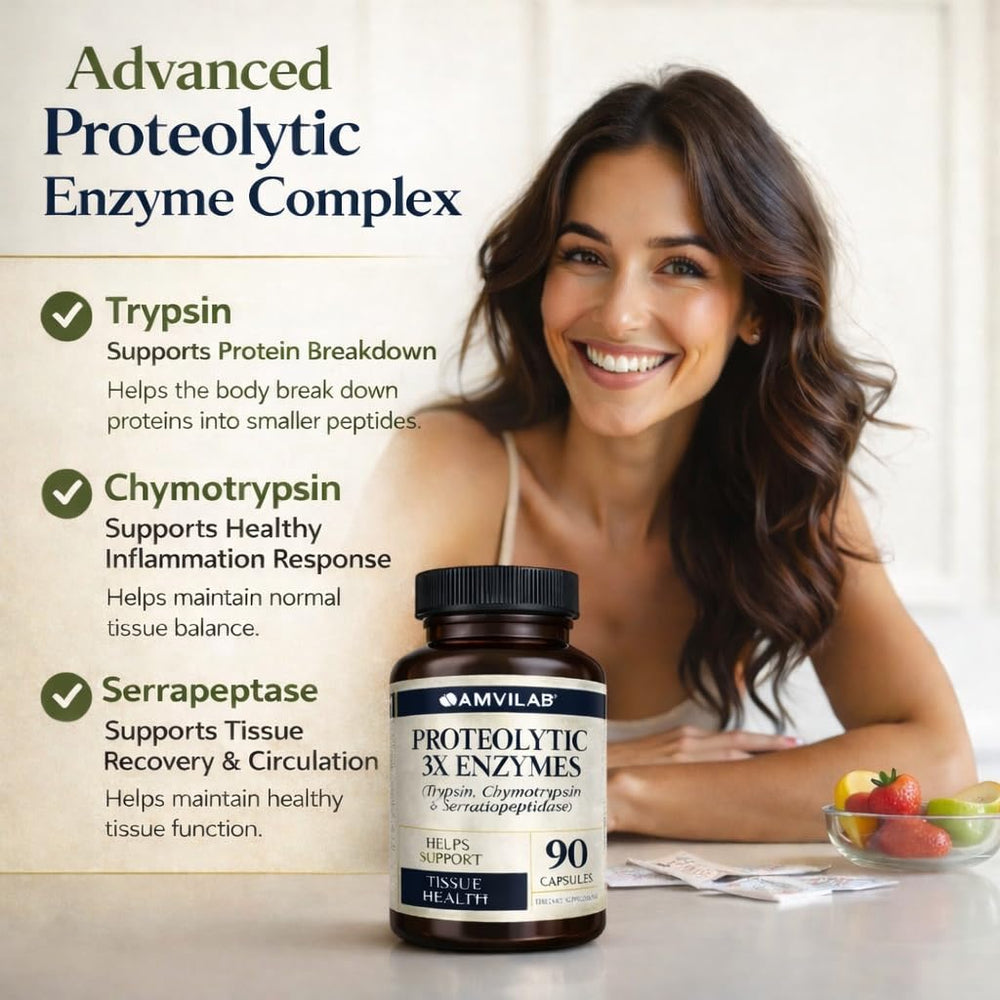 AMVILAB Proteolytic Enzymes 3X capsules shown for easy daily use