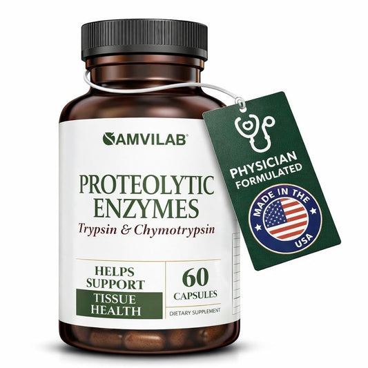 AMVILAB proteolytic enzymes bottle showcasing trypsin and chymotrypsin for protein digestion support
