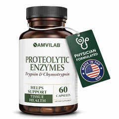 AMVILAB proteolytic enzymes bottle showcasing trypsin and chymotrypsin for protein digestion support