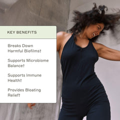 Amy Myers MD Biofilm Disruptor on kitchen counter with produce for everyday gut wellness