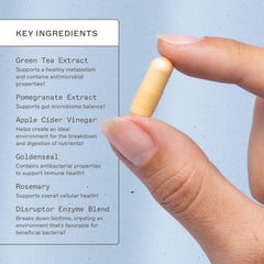 Biofilm Disruptor label close-up highlighting dosage and immune-supporting ingredients