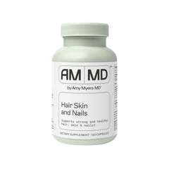 Amy Myers MD Hair Skin and Nails bottle with glossy capsules for daily beauty support.