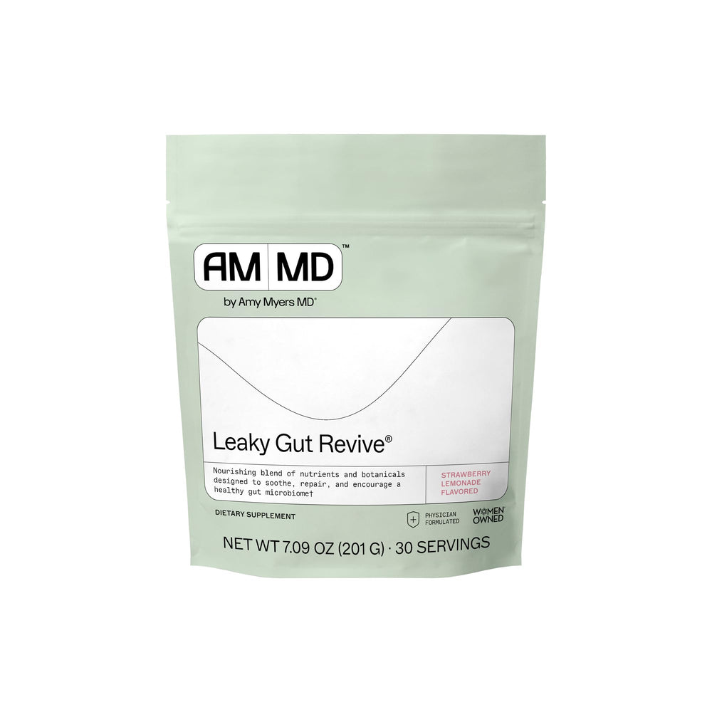 Amy Myers MD Leaky Gut Revive tub front shows gluten-free gut support formula for daily wellness.