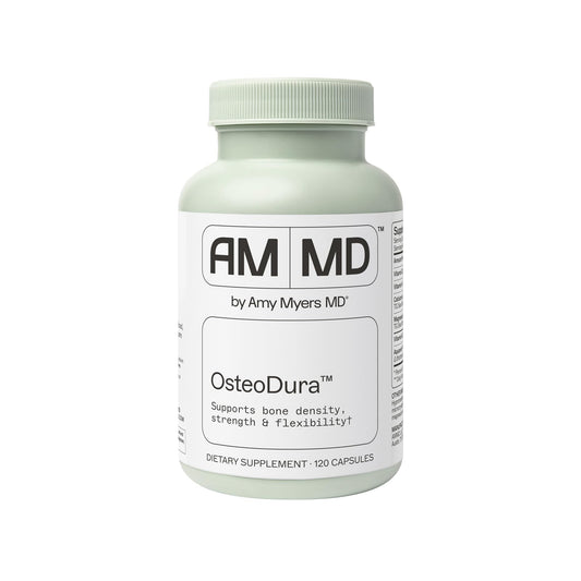Amy Myers MD OsteoDura bottle-front shows marine calcium for bone health