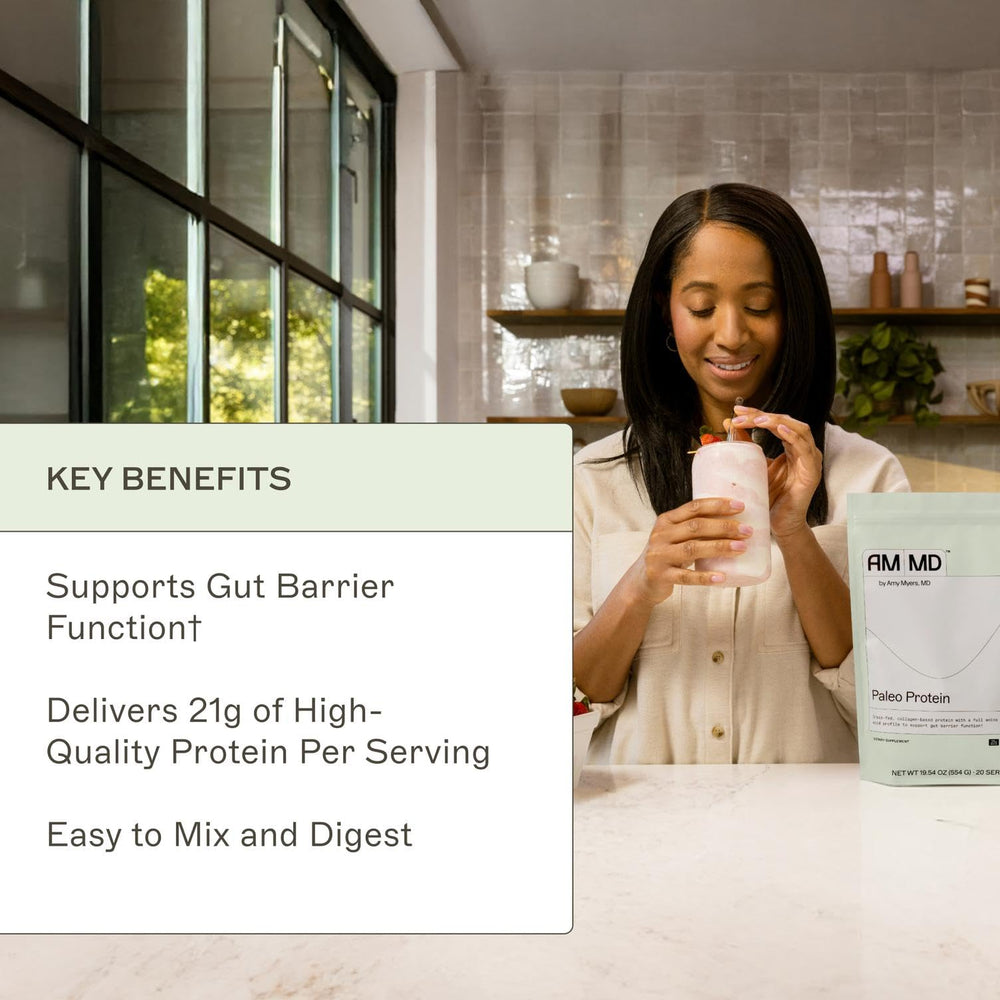 Gluten-free and non-dairy label on Amy Myers MD Paleo Protein Powder bottle.