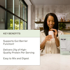 Gluten-free and non-dairy label on Amy Myers MD Paleo Protein Powder bottle.