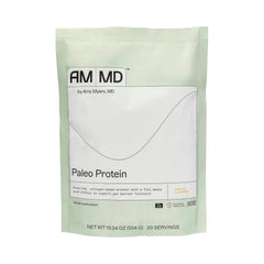 Amy Myers MD Paleo Protein Powder Vanilla Bean label highlights gluten-free, non-dairy nutrition.