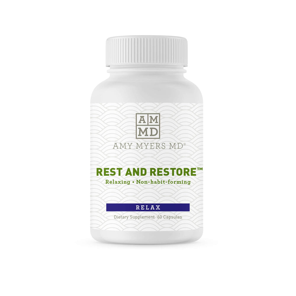 Amy Myers MD Rest and Restore bottle front for nightly sleep support.