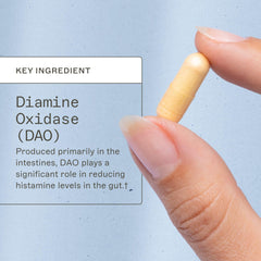 Histazyme bottle back label highlights non-GMO and allergen-friendly formula.