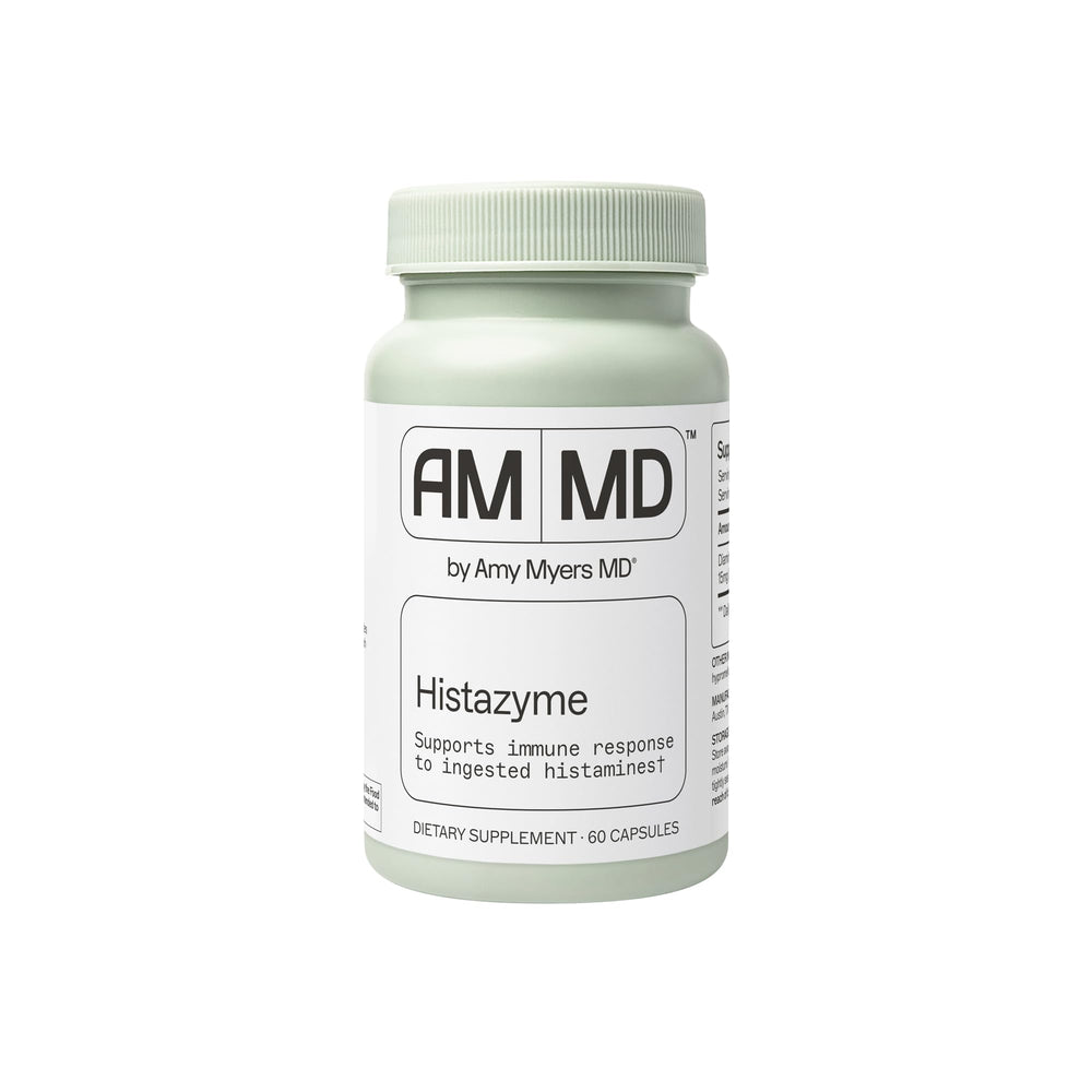 Amy Myers MD Histazyme bottle front supporting histamine digestion and gut comfort.