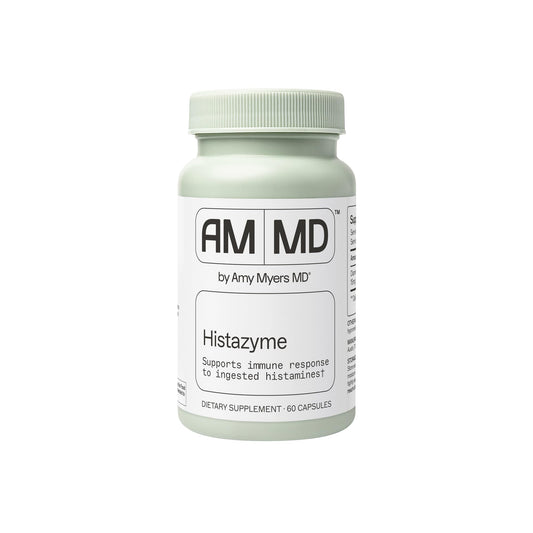 Amy Myers MD Histazyme bottle front supporting histamine digestion and gut comfort.