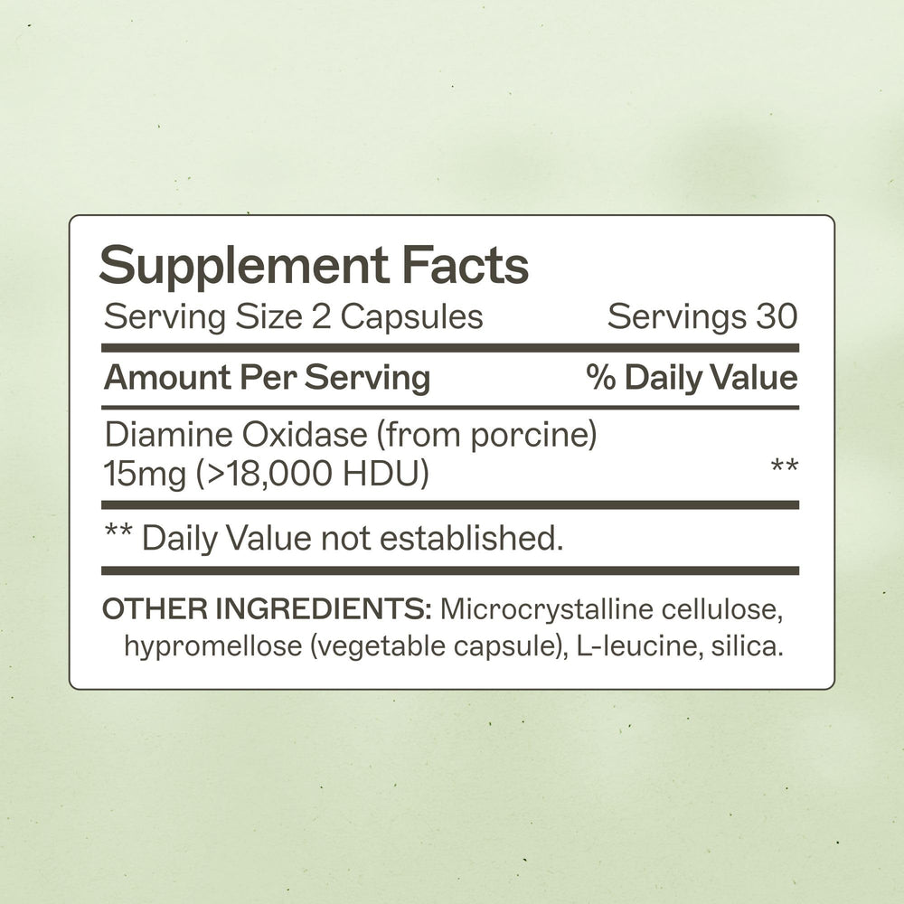 Histazyme capsules closeup showing DAO enzyme support for histamine breakdown.