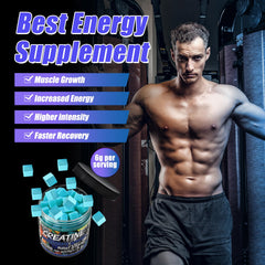 AMZXO Creatine Monohydrate Gummies blue raspberry closeup highlighting chewy texture for easy intake
