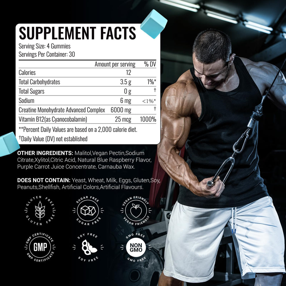 AMZXO Creatine Gummies bottle back label with ingredients and serving guidance