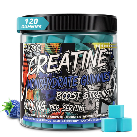AMZXO Creatine Gummies bottle front showing vegan blue raspberry flavor for quick fueling