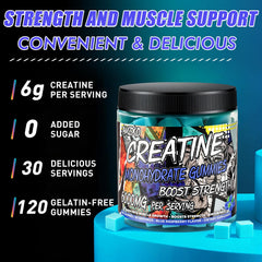 AMZXO Creatine Monohydrate Gummies daily-dose image illustrating four gummies per day for 30 days