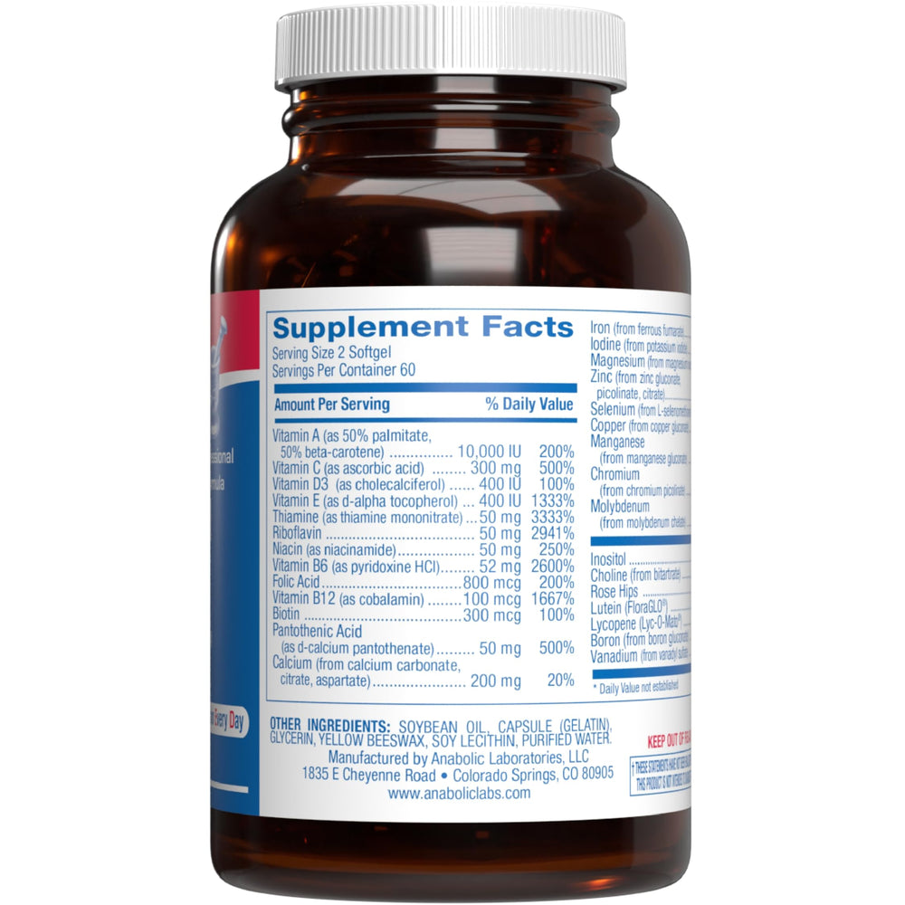 Anabolic Laboratories 30-in-1 multivitamin bottle label highlights ingredients.