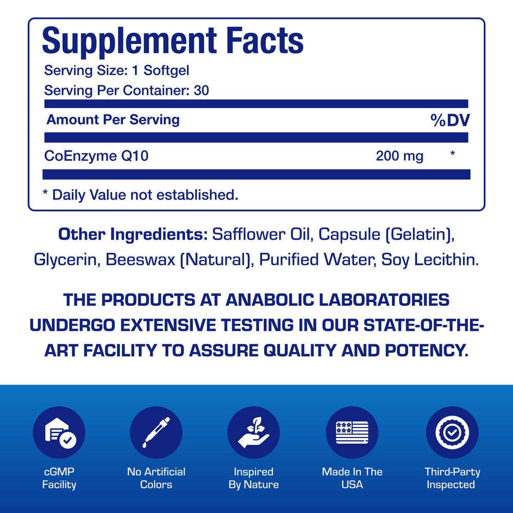 Close-up of Anabolic Laboratories CoQ10 label on the bottle highlighting easy-to-swallow softgels.