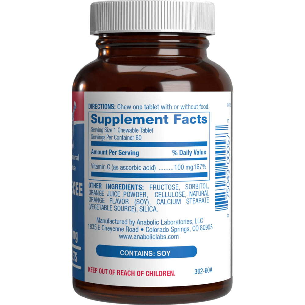 Chewable orange-flavored tablets by Anabolic Laboratories, pleasant daily vitamin C routine.