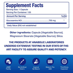 Anabolic Laboratories vegan glucosamine ingredients panel showing vegetarian glucosamine HCL.