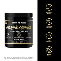 Anabolic Warfare Creatine Carnage label closeup highlights purity and ingredients.