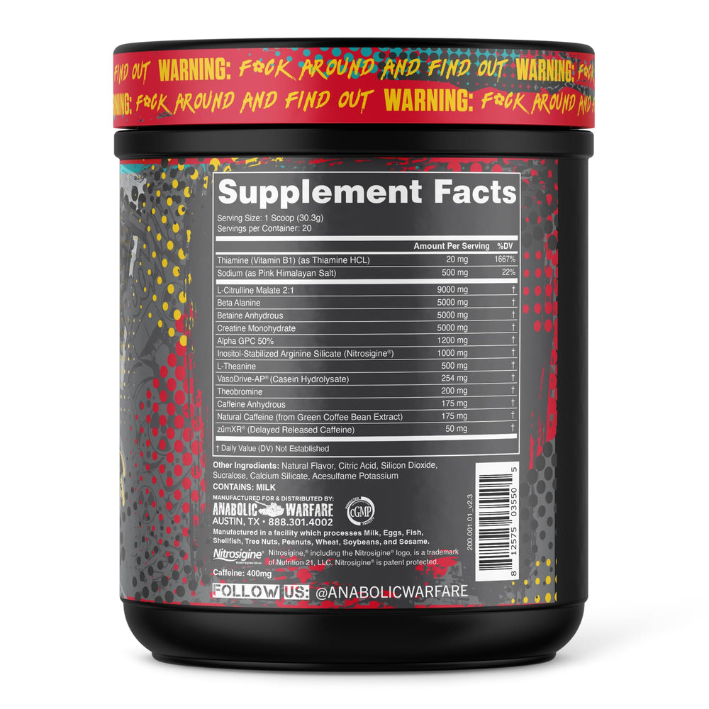 Close-up of Anabolic Warfare Defcon1 caffeine powder emphasizes potent energy kick for tough workouts.