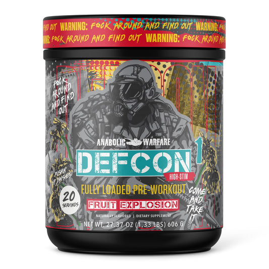 Anabolic Warfare Defcon1 fruit explosion tub highlights high-stim pre-workout for intense workouts.