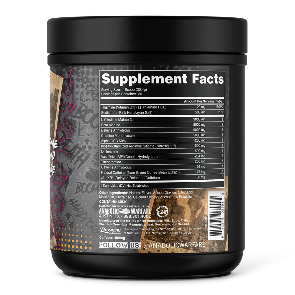 Anabolic Warfare Defcon1 Peach Rings label highlights bold flavor and aroma.