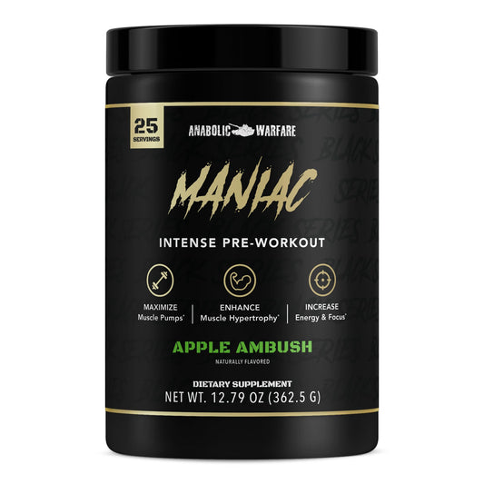 Anabolic Warfare Maniac Apple Ambush bottle ready for workouts with energy and focus.